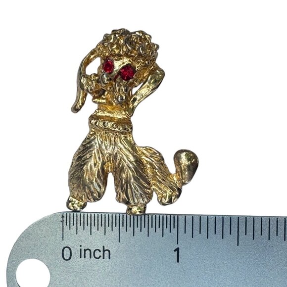 Vintage Gold-Tone Poodle Brooch With Red Rhinestone Eyes - Picture 2 of 9